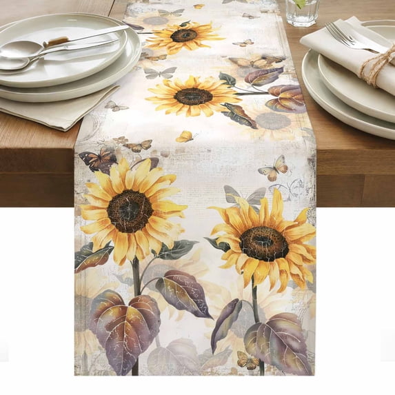 Sunflower Table Runner - 60 Inch Long, Kitchen Dining Table Runner Dresser Scarves, Farmhouse Plant Retro Butterfly Yellow Floral Farmhouse Decor for Coffee Tables Wedding Party Banquet