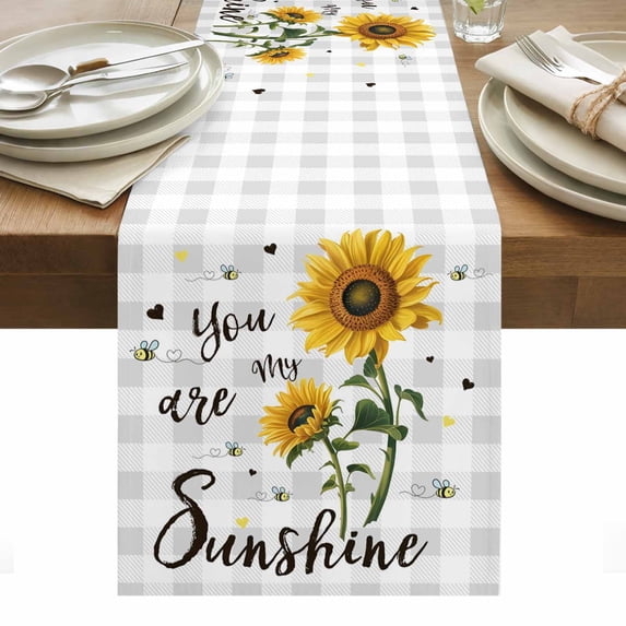 Sunflower Table Runner - 60 Inch Long, Kitchen Dining Table Runner Dresser Scarves, Grey Plaid You Are My Sunshine Farmhouse Farmhouse Decor for Coffee Tables Wedding Party Banquet