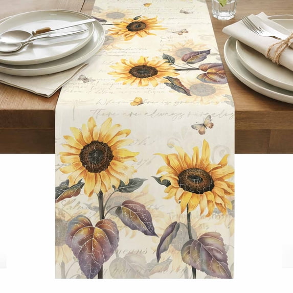 Sunflower Table Runner - 60 Inch Long, Kitchen Dining Table Runner Dresser Scarves, Yellow Summer Botanical Floral Farmhouse Farmhouse Decor for Coffee Tables Wedding Party Banquet