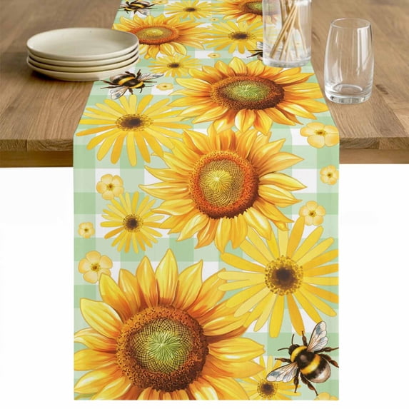 Sunflower Table Runner - 60 Inch Long Yellow Flowers Elegant Pastoral Botanical Cotton and Linen Blended Dress Scarves Farmhouse Table Runner for Kitchen Dining, Coffee Table, 13" x 60"