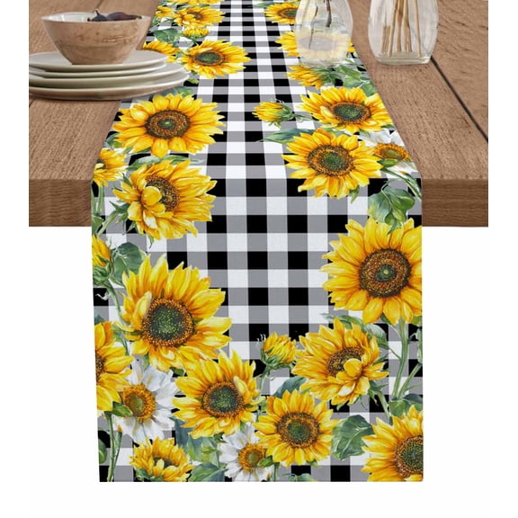 Sunflower Table Runner 70 Inches, Black White Check Country Yellow Floral Bed Runner Dresser Scarves Tabletop for Indoor Outdoor Parties/Ceremony/Banquet, 13" x 70"