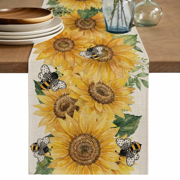 Sunflower Table Runner 70 Inches, Green Botanical Yellow Floral Summer Rustic Bed Runner Dresser Scarves Tabletop for Indoor Outdoor Parties/Ceremony/Banquet, 13" x 70"