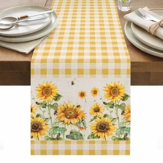 Sunflower Table Runner - 72 Inch Long, Kitchen Dining Table Runner Dresser Scarves, Retro Buffalo Plaid Yelloe Beige Country Bee Farmhouse Decor for Coffee Tables Wedding Party Banquet
