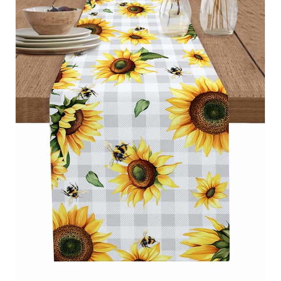 Sunflower Table Runner 72 Inches, Farmhouse Grey Buffalo Check Floral Bee Bed Runner Dresser Scarves Tabletop for Indoor Outdoor Parties/Ceremony/Banquet, 14" x 72"