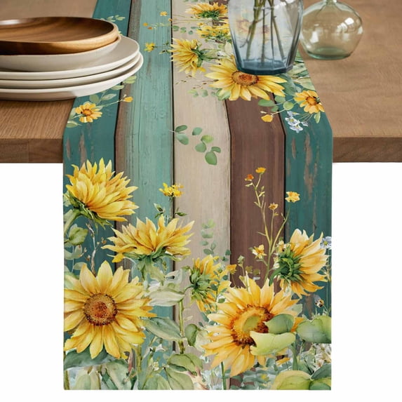 Sunflower Table Runner 72 Inches, Summer Eucalyptus Botanical Floral Teal Brown Wood Bed Runner Dresser Scarves Tabletop for Indoor Outdoor Parties/Ceremony/Banquet, 16" x 72"