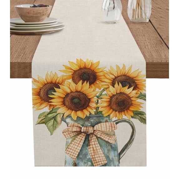 Sunflower Table Runner 72 Inches, Summer Farm Vintage Flower Watercolor Bow Bed Runner Dresser Scarves Tabletop for Indoor Outdoor Parties/Ceremony/Banquet, 16" x 72"
