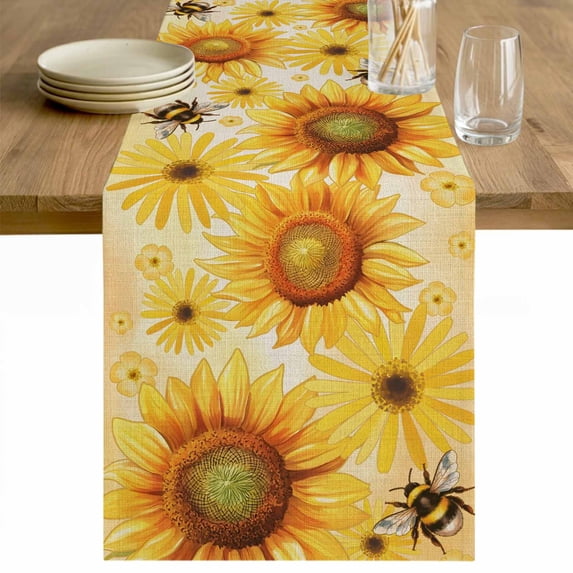 Sunflower Table Runner - 90 Inch Long Yellow Floral Elegant Pastoral Flowers Rustic Cotton and Linen Blended Dress Scarves Farmhouse Table Runner for Kitchen Dining, Coffee Table, 13" x 90"