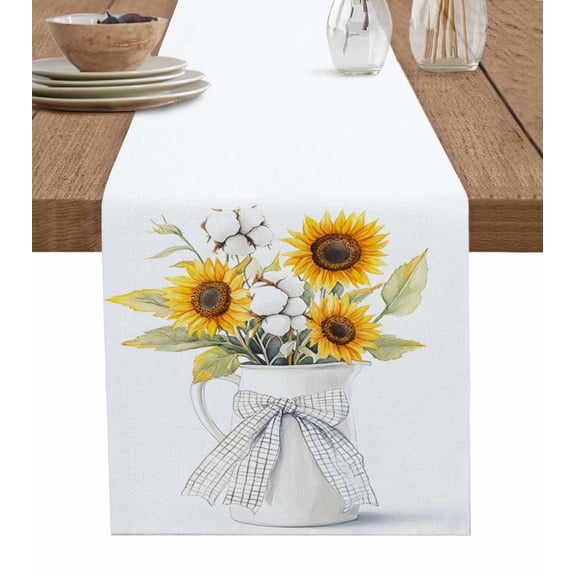Sunflower Table Runner Cotton Linen 36 Inch Holiday Dresser Scarves, Cotton Flower Farm Plant Bow Ribbon Lattice Tablerunner for Kitchen Coffee Dining Bedroom Dinner Scarf Décor 13''x36''