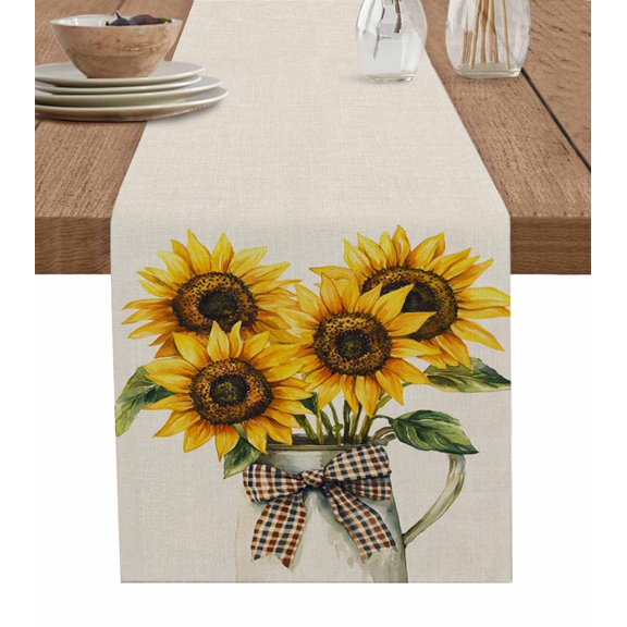 Sunflower Table Runner Cotton Linen 36 Inch Holiday Dresser Scarves, Farm Floral Watercolor Plaid Botanicals Tablerunner for Kitchen Coffee Dining Bedroom Living Room Dinner Scarf Décor 13''x36''