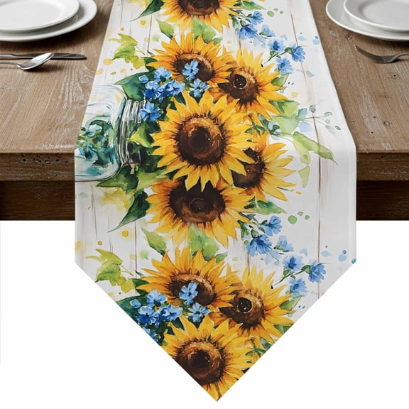 Sunflower Table Runner Linen Burlap Table Runner 70 Inches Long Retro Country Garden Floral Blue Wildflower Dresser Scarves for Kitchen Island Coffee Dining Party Wedding Holiday Decor 13"x70"