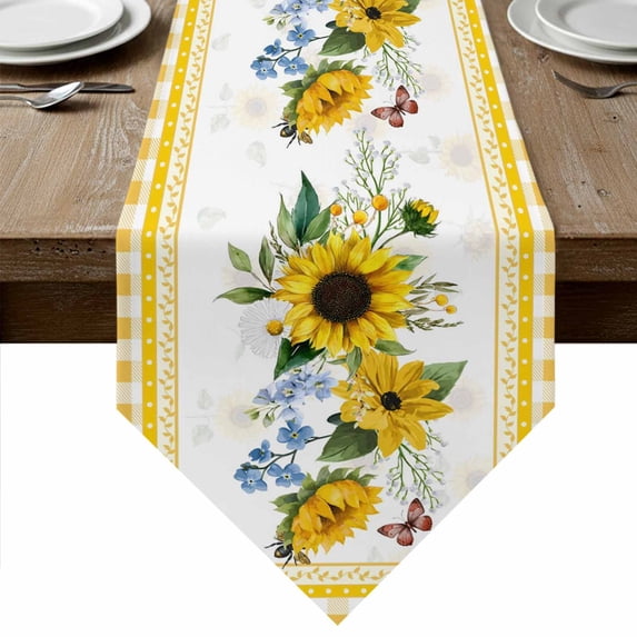Sunflower Table Runner Linen Burlap Table Runner 72 Inches Long Yellow Flowers Yellow Plaid Farmhouse Dresser Scarves for Kitchen Island Coffee Dining Room Party Wedding Banquet Holiday Decor 14"x72"