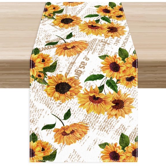 Sunflower Table Runner, Rustic Newspaper Watercolor Farmhouse Yellow Sunflower Spring Summer Table Center Decor for Family Kitchen Outdoor Party Table Decorations, 13"x36"