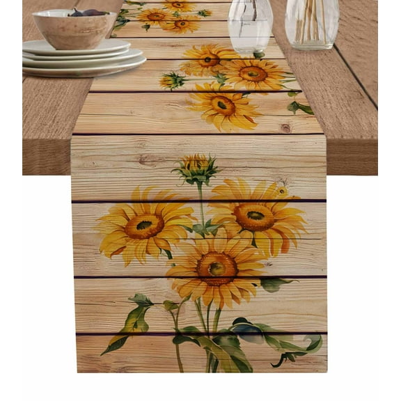 Sunflower Table Runner Vintage Summer Botanical Wooden Farmhouse Tablerunners 13 x 70 Inch, Table Decorations Tabletop Scarf for Summer Gathering Holiday Farmhouse Kitchen Dining Decor