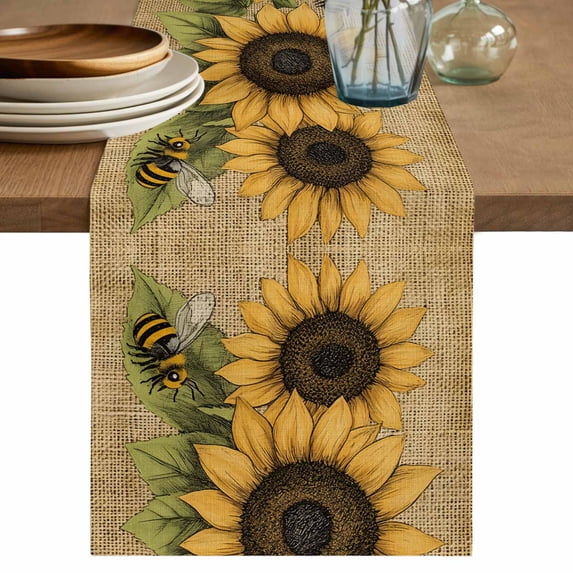 Sunflower Table Runner, Yellow Summer Flower Vintage Washable Cotton Linen Table Runners 108 Inches Long, Dresser Scarf Runner for Dining/Living Room/Kitchen/Square Tables 13''x108''