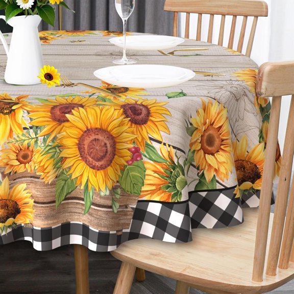 Sunflower Tablecloth 60 Inch Round, Farmhouse Bee Decor Black White Buffalo Check Table Cloth for Party Dining Room