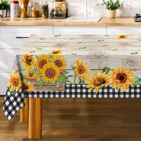 Sunflower Tablecloth 60 x 84 Inch Rectangle, Farmhouse Bee Decor Black White Buffalo Check Table Cloth for Party Dining Room