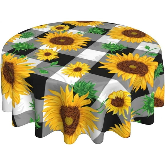 Sunflower Tablecloth Black and White Checkered Tablecloth Floral Round Tablecloth 70 Inch Washable Reused Picnic Table Cover Holiday Party Dining Kitchen Decor