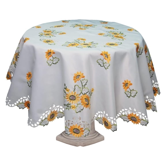 Sunflower Tablecloth Embroidered Cutwork Table Cloth 88" Round with 12 Napkins White