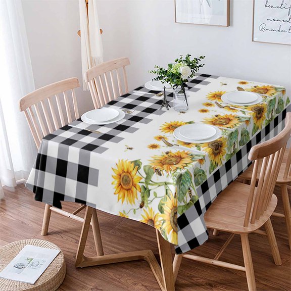 Sunflower Tablecloth Rectangle Table Cloth 52x70 , Waterproof Tablecloth Outdoor Table Cloth, Black White Buffalo Plaid Check Country Bee Washable Table Cover for Kitchen Dining Party