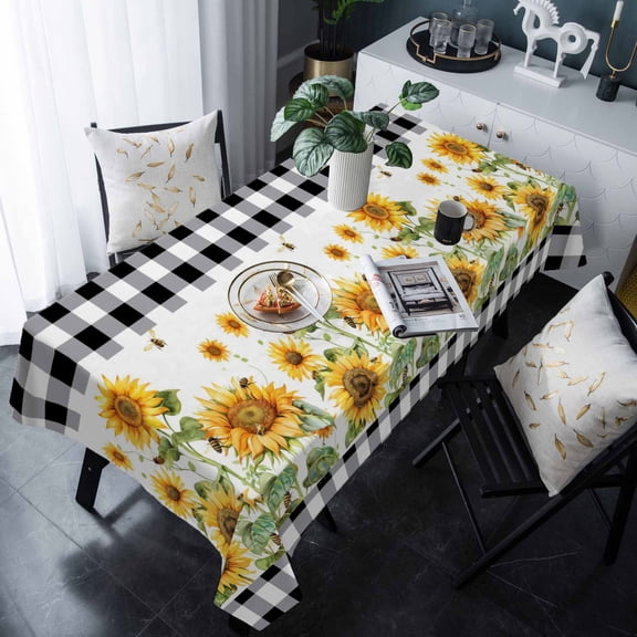 Sunflower Tablecloth Rectangle Table Cloth 60x120 , Waterproof Tablecloth Outdoor Table Cloth, Black White Buffalo Plaid Check Country Bee Washable Table Cover for Kitchen Dining Party