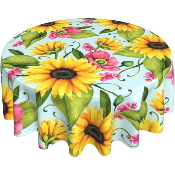 Sunflower Tablecloth Round 60 Inch Floral Table Cloth Washable Spillproof Wrinkle Free Watercolor Spring Summer Fabric Table Cover for Indoor Outdoor Kitchen Dinning Round Tables