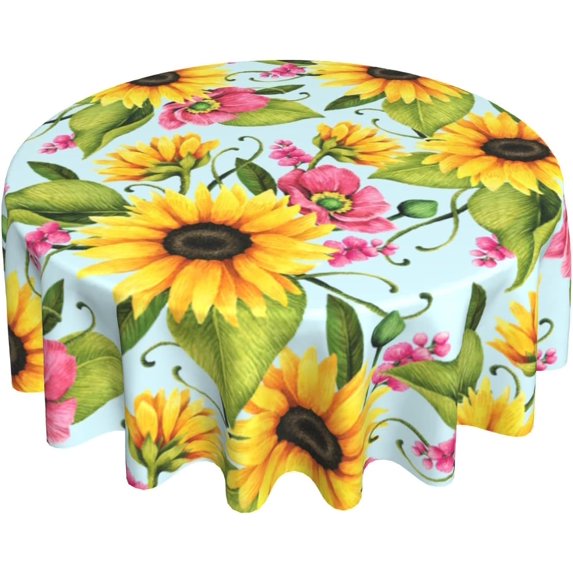 Sunflower Tablecloth Round 60 Inch Floral Table Cloth Washable Spillproof Wrinkle Free Watercolor Spring Summer Fabric Table Cover for Indoor Outdoor Kitchen Dinning Round Tables