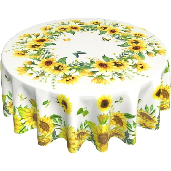 Sunflower Tablecloth Round Summer Yellow Farmhouse Floral Table Cloths Circular Table Cover Waterproof and Dustproof Wipeable Polyester Tabletop for Dining Kitchen Picnic Party Decor 60 Inch