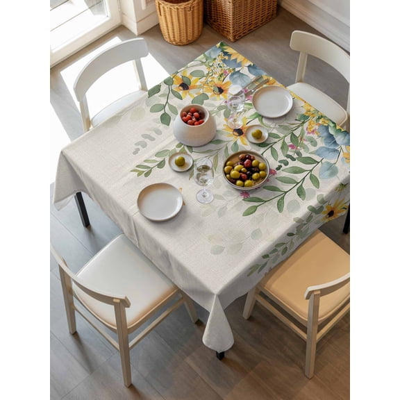 Sunflower Tablecloth Square Table Cloth 54x54,Waterproof Outdoor Table Cloth Covers Decorative Table Protector ,Rustic Summer Botanical Eucalyptus Leaf Washable Table Cover for Kitchen Dinning Party