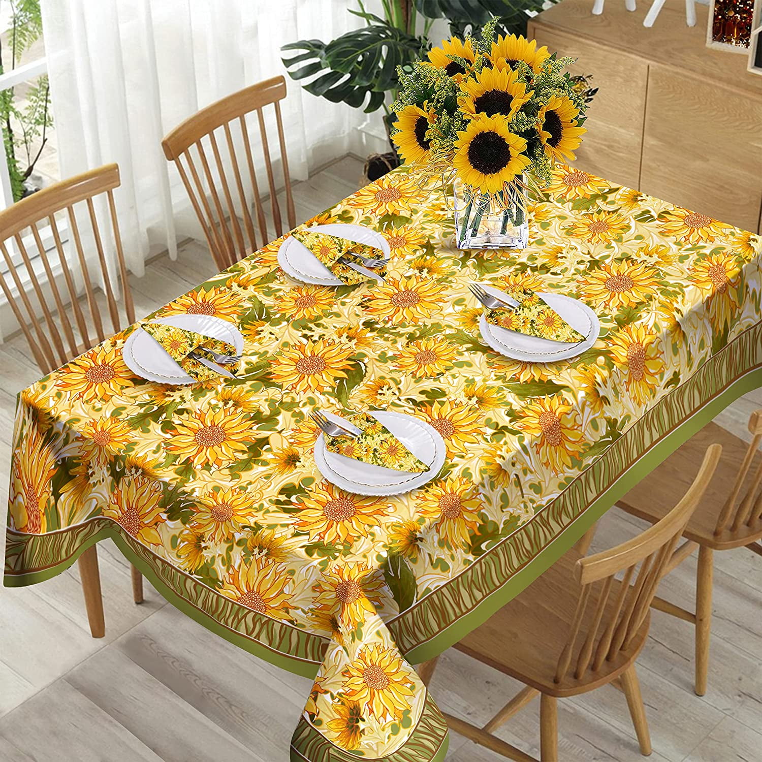 Sunflower Tablecloth Yellow Floral Tablecloth with Green Leaf for Rectangle Tables Flower Waterproof Durable Table Cloth for Kitchen Dining Room