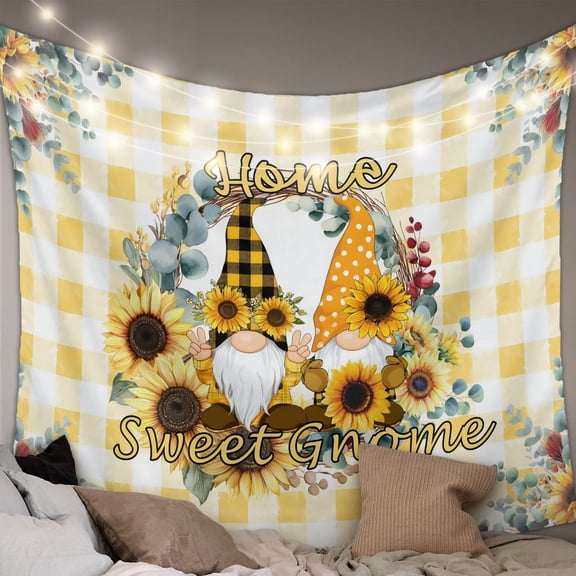 Sunflower Tapestry for Bedroom Wall Hanging Tapestry, Gnomes Yellow Checkered Eucalyptus Leaves Ceiling Backdrop Tapestries Poster Blanket Wall Decor for Teens Room Living Room Dorm 59" x 79"