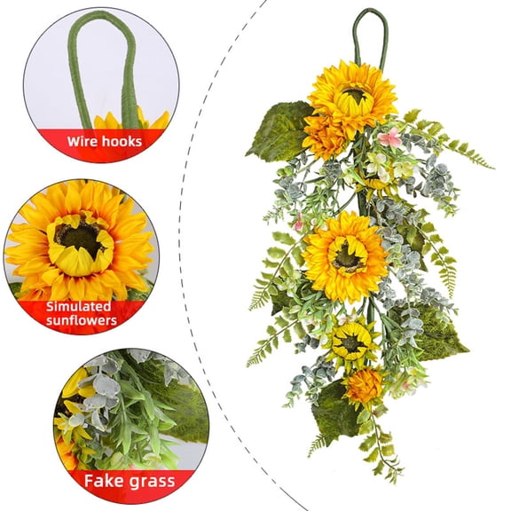 Sunflower Teardrop Swag, Artificial Sunflowers Garland with Green Leaves and White Flowers, Spring Summer Wreath for Front Door, Wedding Arch Bridal & Home Decor