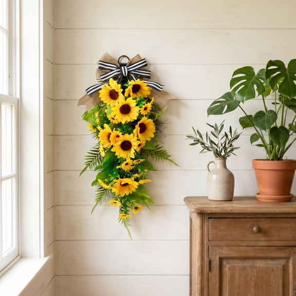 Sunflower Teardrop Swag Wreath, Artificial Spring Summer Floral Hanging Decor for Front Door, Window, Wall & Farmhouse Decoration