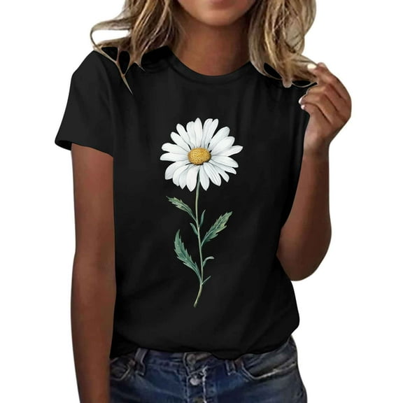 Sunflower Tee Shirt Women's Summer Short Sleeve Graphic Tees Vintage Cute Floral Print T-Shirt Lightweight Casual Loose Blouses Tops New, 20-Black, XL