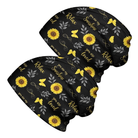 Sunflower and Text Black Pattern 2 Pack Slouchy Beanie Hat, Sleep Head ...
