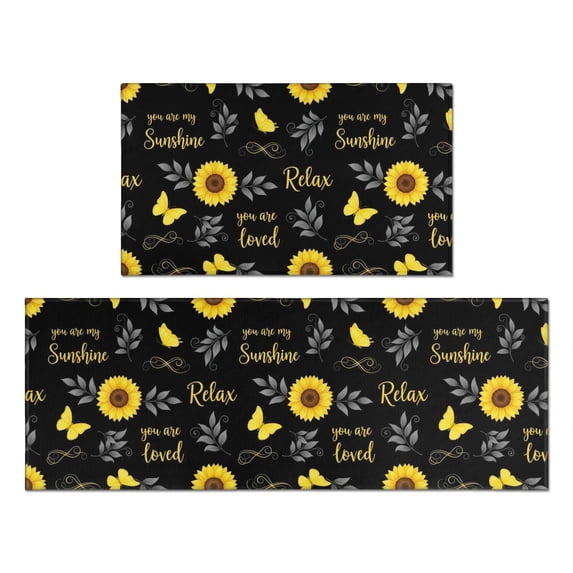 Sunflower and Text Black Pattern Anti Fatigue Kitchen Rugs Set Of 2, Non Slip Washable Decorative Floor Mats for Kitchen Sink Laundry, 17"x30" and 17"x47"