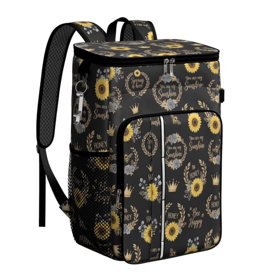 Food Pattern Text Sunflower and Text Black Pattern Insulated Cooler Backpack, 600D Oxford ...