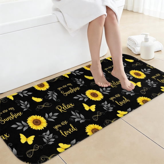Food Pattern Text Sunflower and Text Black Pattern Non-Slip Bath Mat, Shower Room Rug ...