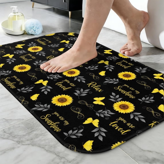 Food Pattern Text Sunflower and Text Black Pattern Non-Slip Bath Mat, Shower Room Rug ...