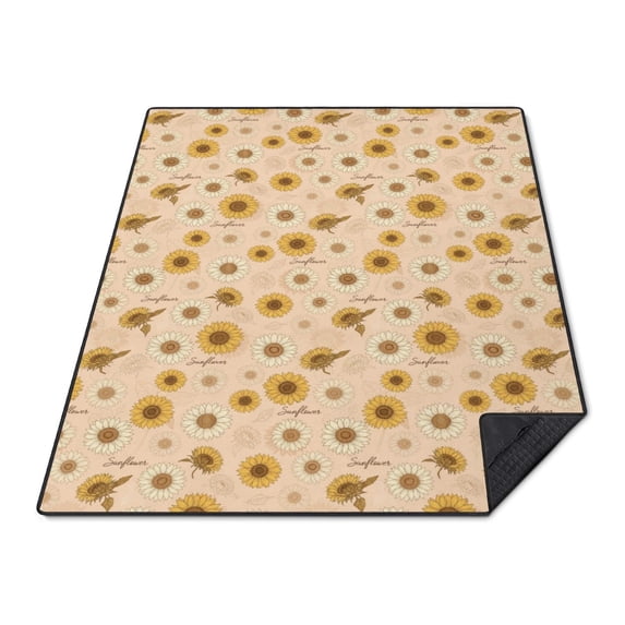 Food Pattern Text Sunflower and Text Peach Pattern Waterproof Picnic Blanket, 3-Layer ...