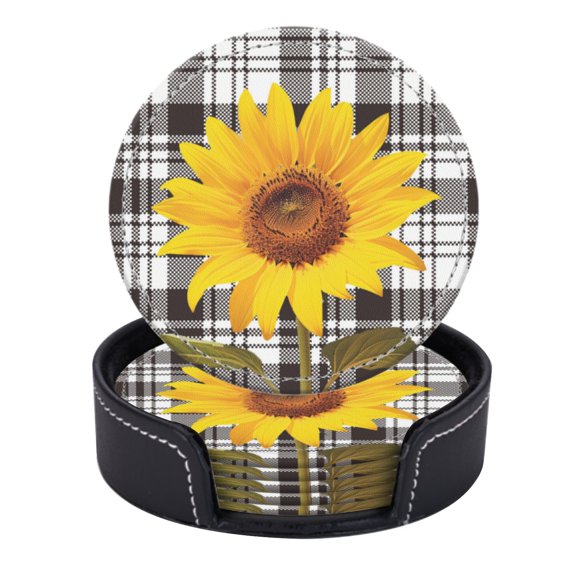 PU Leather Coasters for Drinks Bar Beer,Set of 6 with Holder,Round Housewarming Gift,Sunflower That Is Sitting On A Table