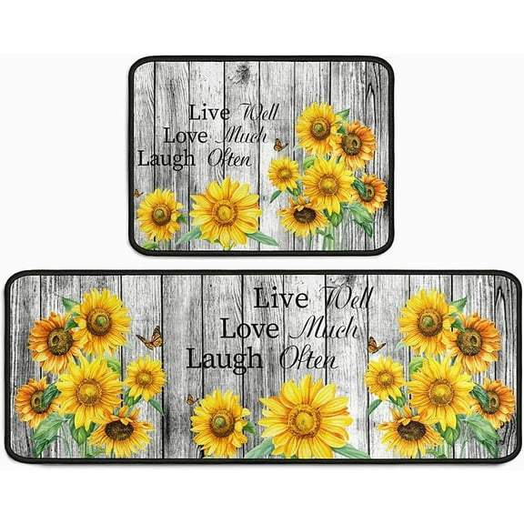 Sunflower Theme Kitchen Decor Rug 2 Pieces Set Absorb Water Runner Rugs Washable Apply to Kitchen, Sink, Laundry, Bathroom,Sunflower Decorations Indoor Floor Mat 17" x 47" + 17" x 23" (Grey)