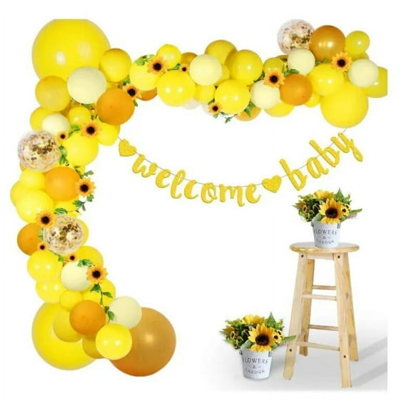 Sunflower Themed Baby Shower Party Decoration with Yellow Latex Confetti Balloon Garland Arch Kit Banner for Boys Girls
