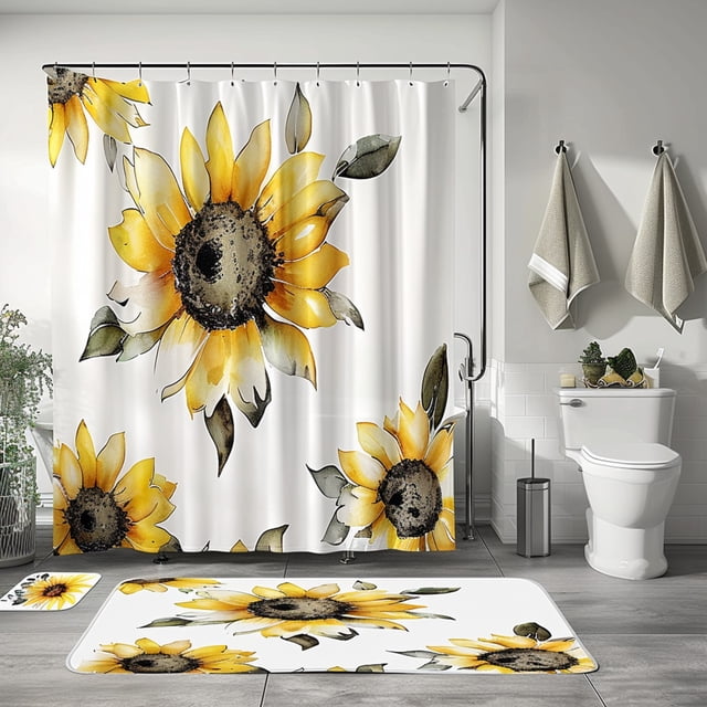 Sunflower Themed Bathroom Decor Set Shower Curtain Wall Art s Cover ...