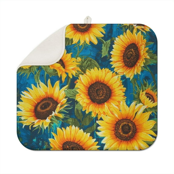 Sunflower Themed Dish Drying Mat for Kitchen Sink Microfiber Foldable Pad Absorbent Rack Mat Summer 16x18 Inch