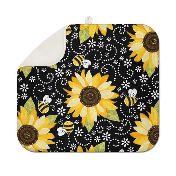 Sunflower Themed Dish Rack Pad, Microfiber Drying Mat for Kitchen Countertop, Foldable and Absorbent 16x18 Inch Size