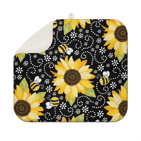 Sunflower Themed Dish Rack Pad, Microfiber Drying Mat for Kitchen Countertop, Foldable and Absorbent 16x18 Inch Size