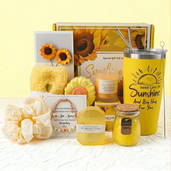Sunflower-Themed Self-Care Gift Box - Fuzzy Socks, Scented Candle, Bath Bomb, Handmade Soap & Tumbler, Perfect for Relaxation & Gifting