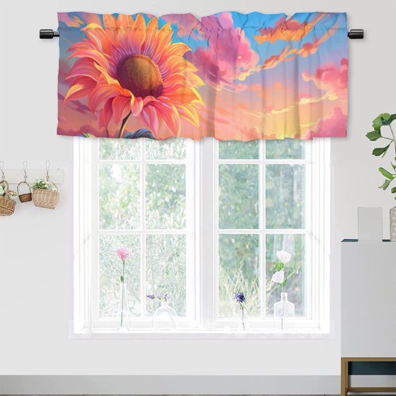 Sunflower Thermal Insulated Window Curtain Valance Sunset Colorful Sky Yellow Blooming Flower Privacy Decorative Rod Pocket Short Window Valance Curtains 54 by 18 in, 1 Panel