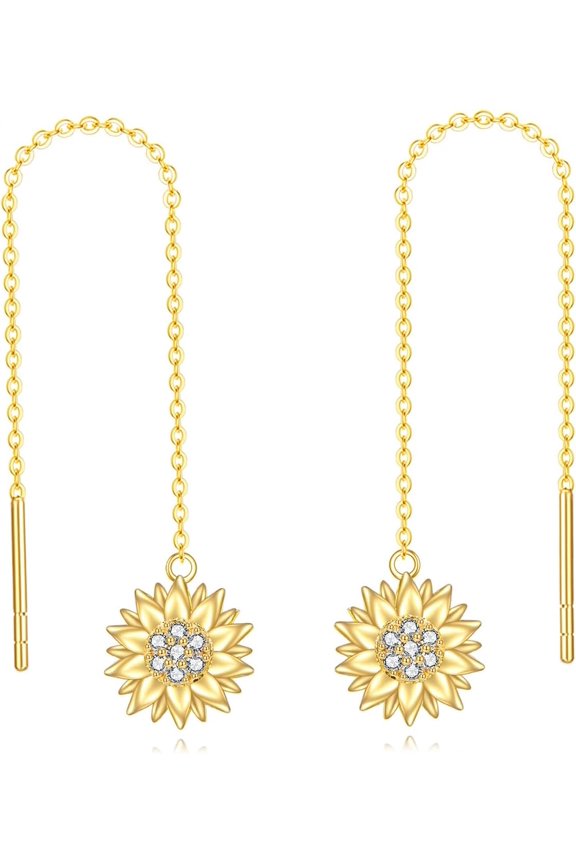 Sunflower Threader Earrings 14k Solid Gold Flower Pull Through Long Piercing Earrings Ear Line Eardrop Jewelry for Women