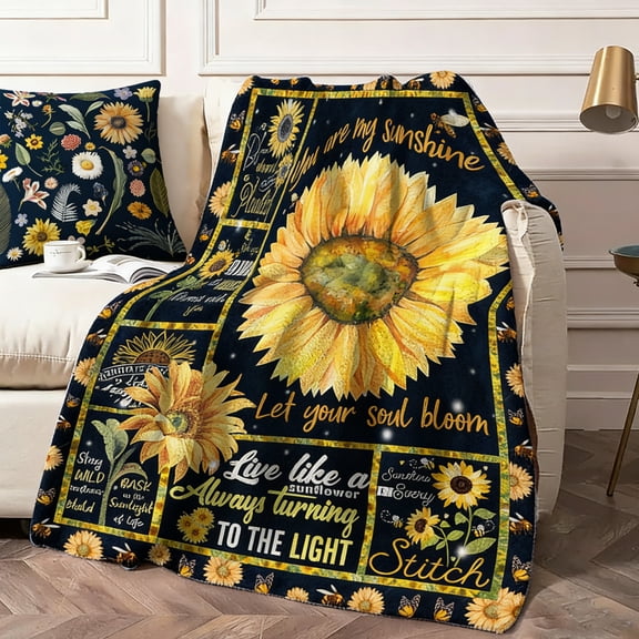 Sunflower Throw Blanket & Cotton Pillow Set Boho Farmhouse Sofa Decor, Yellow Blue Floral with Down-Alternative Insert